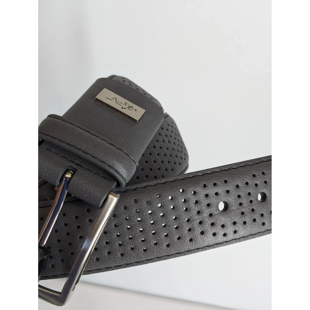 Greg Norman Mens Size 38 Grey Genuine Leather Comfort Stretch Perforated Belt